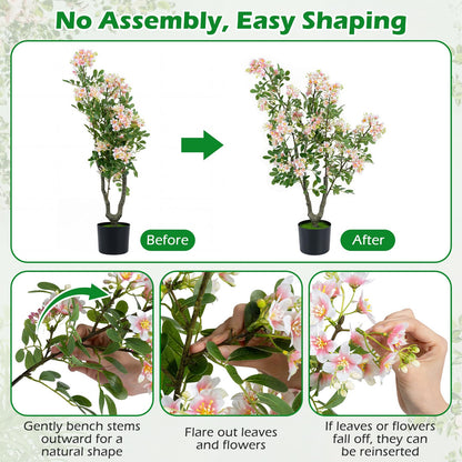 90 CM Artificial Impatiens Blossom Tree Faux Pink Floral Plant in Cement-filled Pot