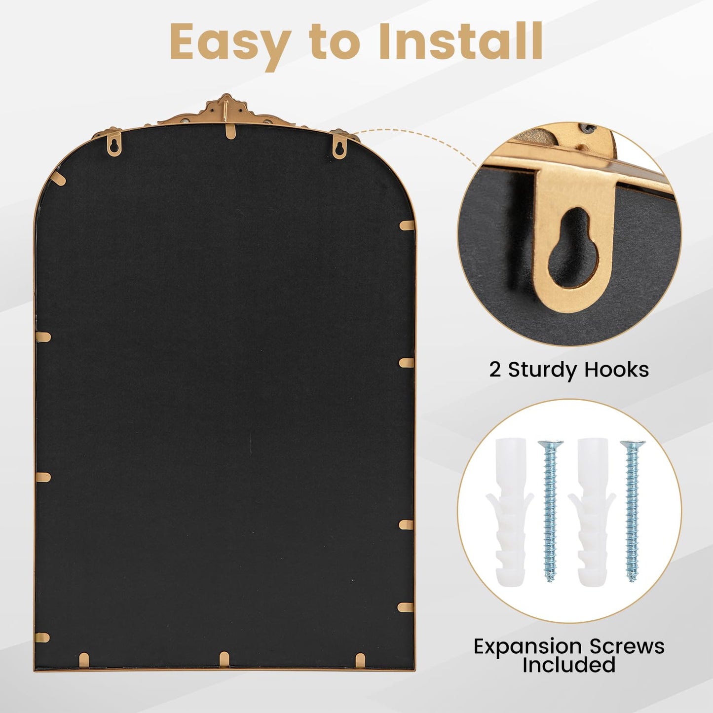 Decorative Wall Mirror, Baroque Ornate Arched Mirror with Hanging Hooks