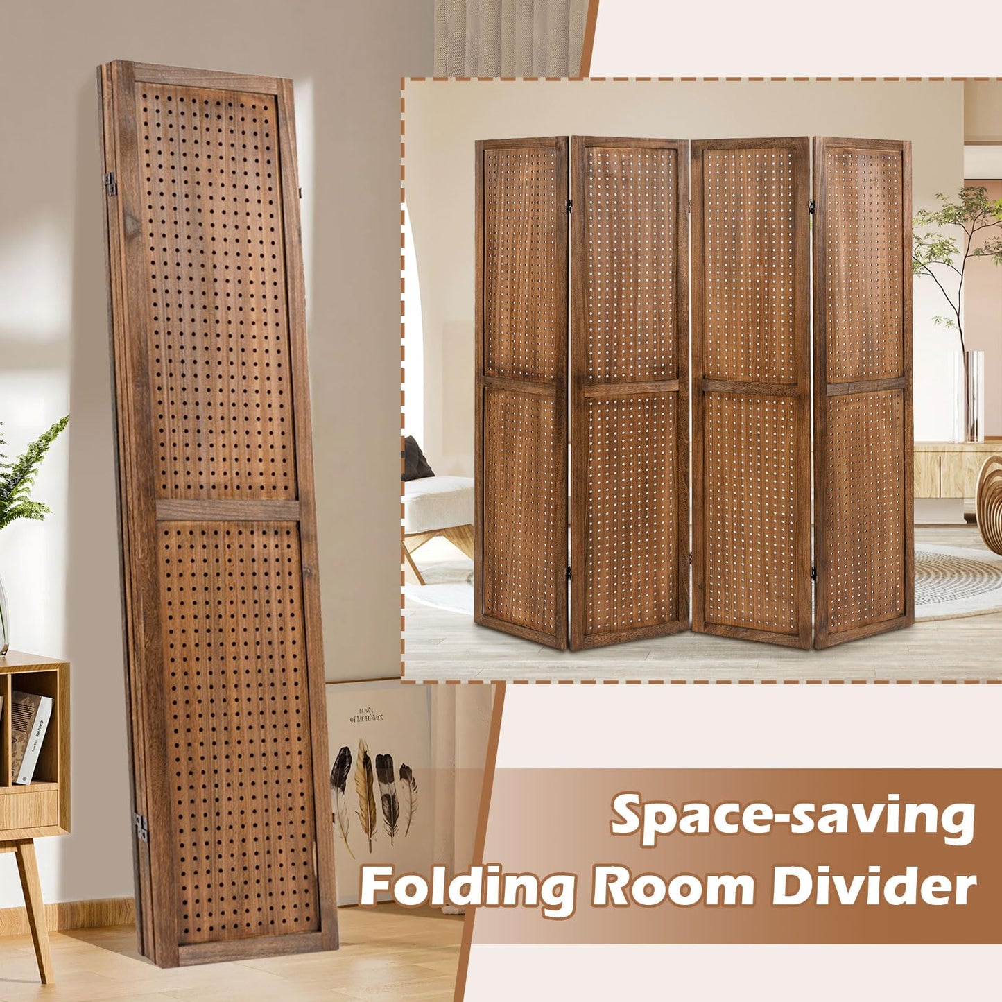 4 Panel Folding Room Divider with Pegboard Display  Wooden Wall Privacy Screen Protector
