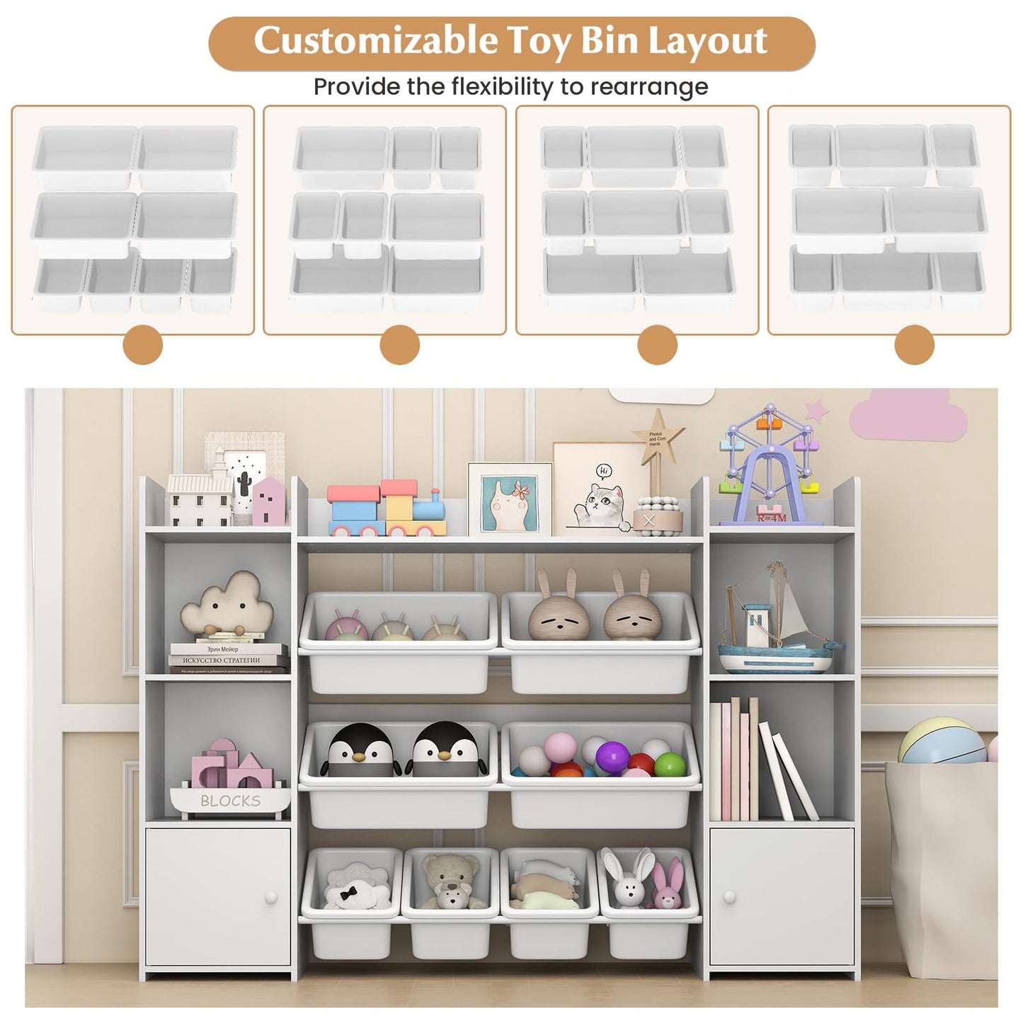 142 cm Large Toy Storage Organizer with 8 Removable Bins and Bookshelf