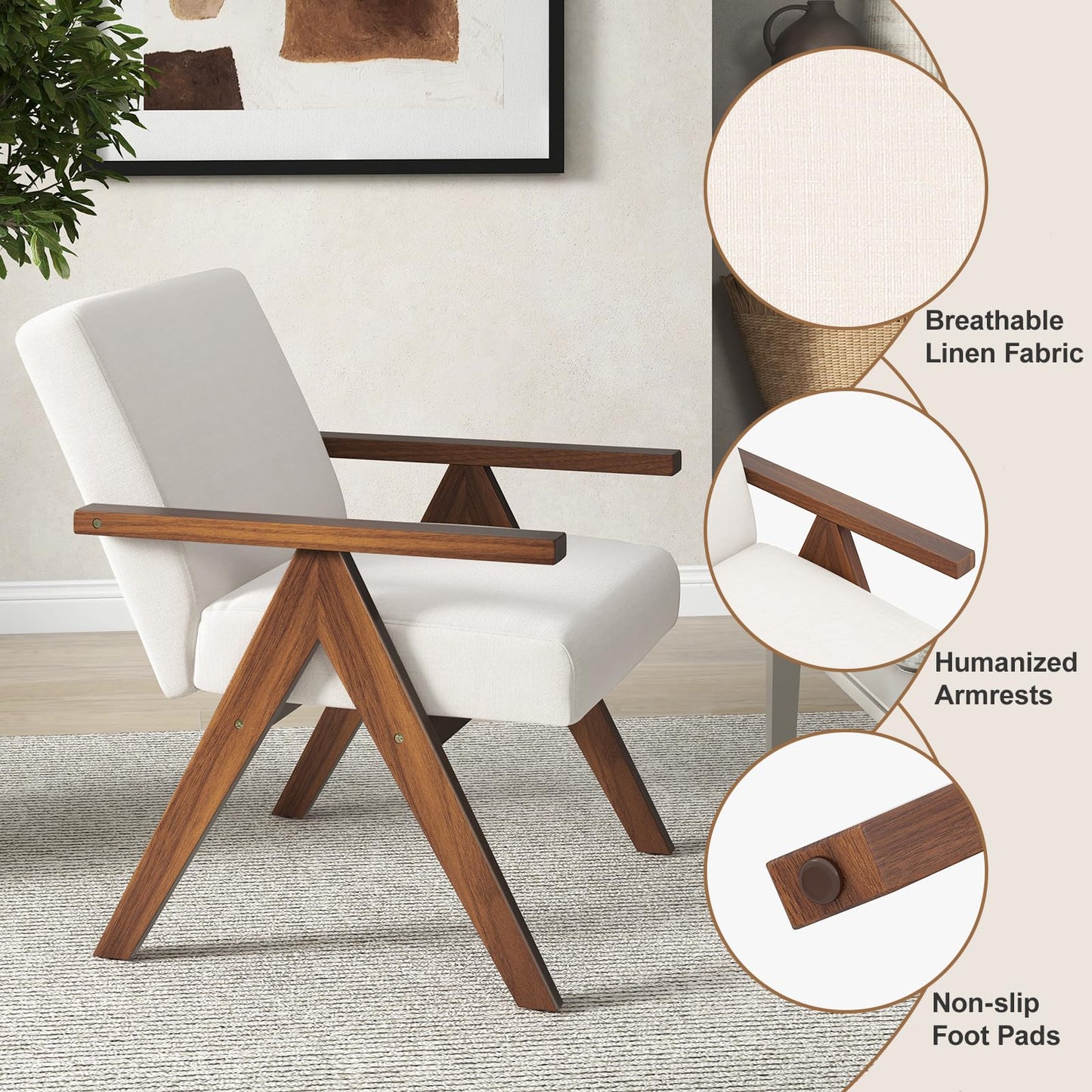 Modern Accent Chair Linen Fabric Armchair with Solid Acacia Wood Frame