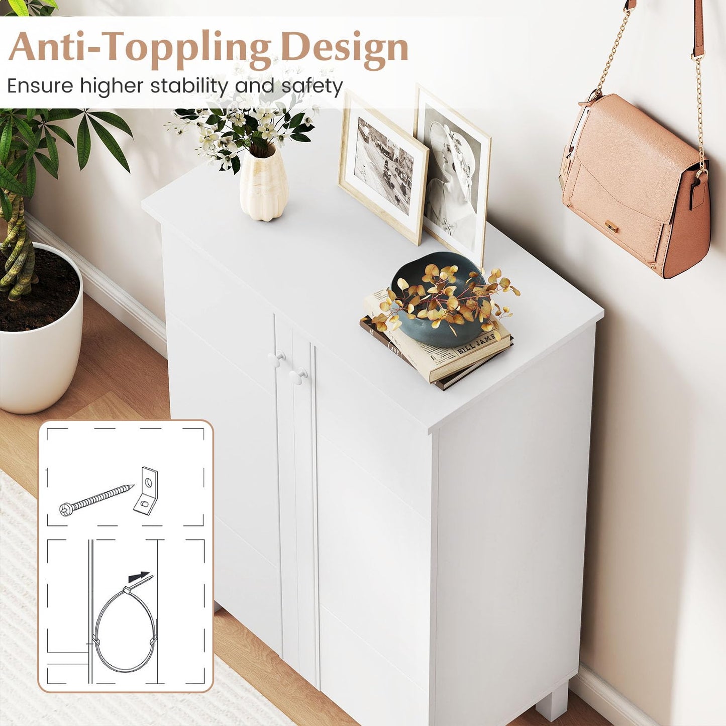 Wooden Shoe Cabinet, 4-Tier Freestanding Shoe Cupboard with 2 Doors and Removable Shelves