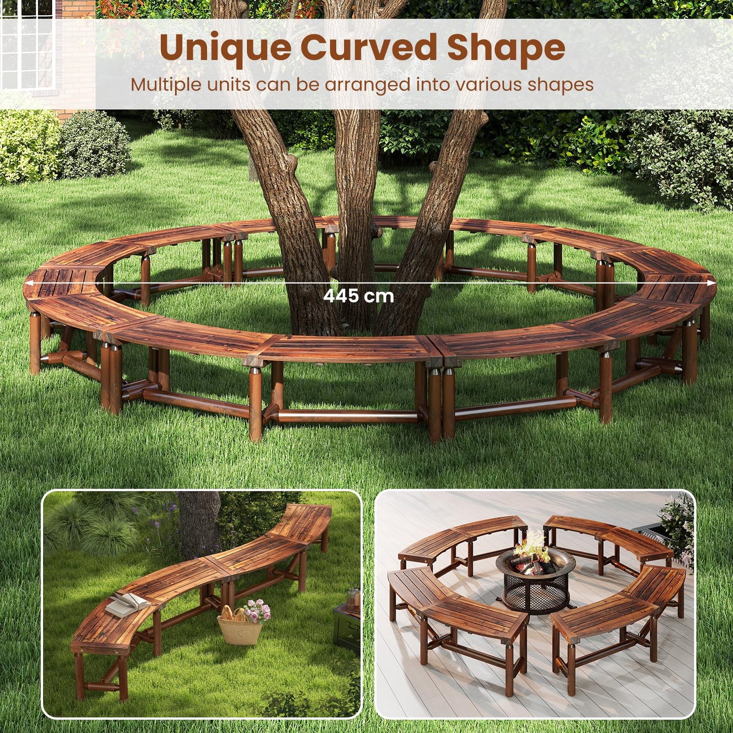 2-3 People Garden Bench, Wooden Curved Fire Pit Bench, Outdoor Loveseat Leisure Porch Seating