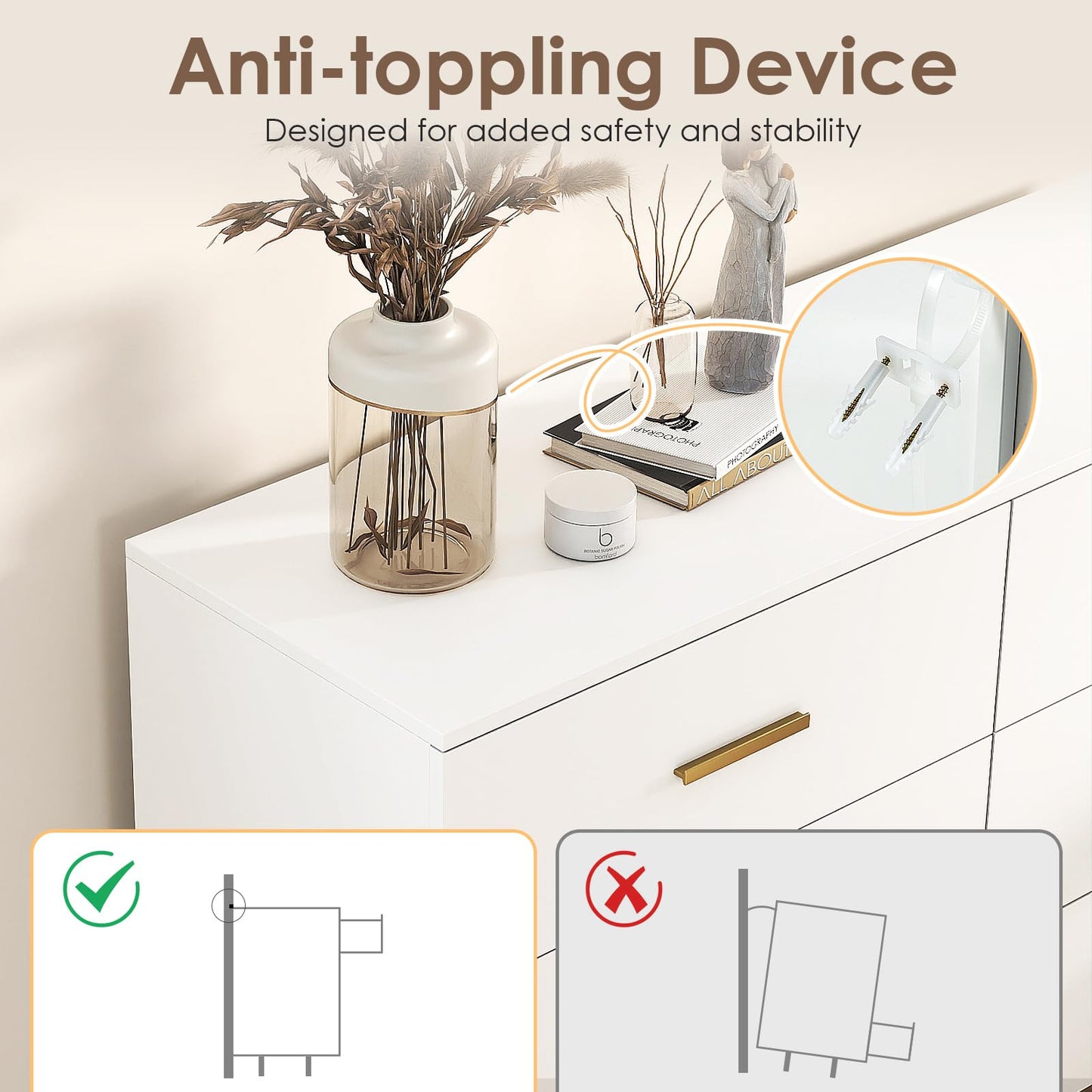 6 Drawer Dresser with Anti-Toppling Device for Living Room