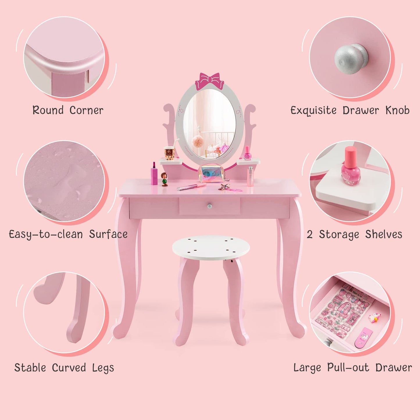 2 in 1 Kids Vanity Table with Stool and 360° Rotating Mirror