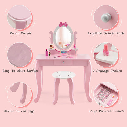 2 in 1 Kids Vanity Table with Stool and 360° Rotating Mirror