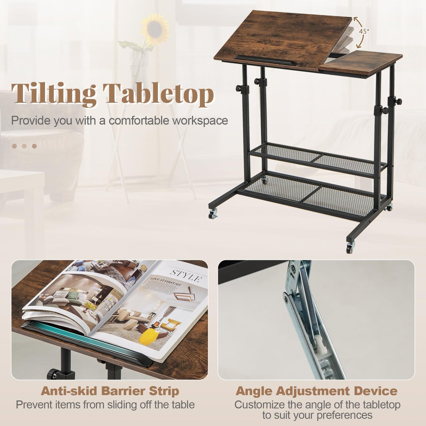 80 x 50cm Height Adjustable Mobile Laptop Table Computer Desk with Tilting Tabletop