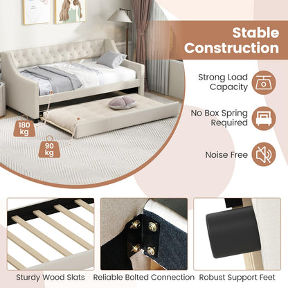 Single Size Trundle Bed Linen Upholstered Daybed with Backrest