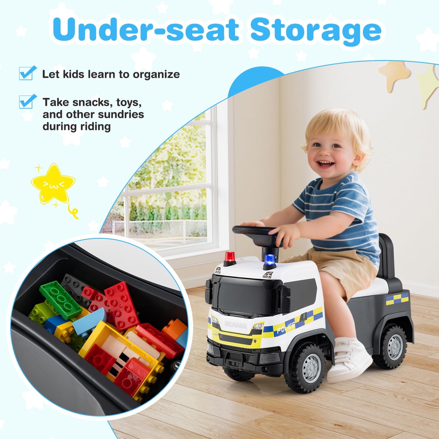 Kids Ride On Push Car with Lights and Under-seat Storage