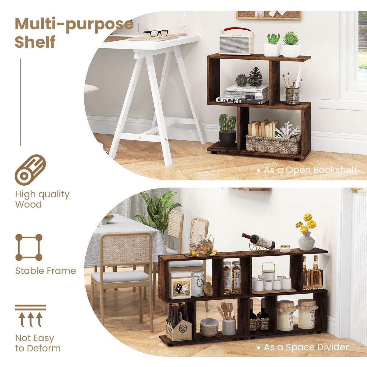 Wooden Bookshelf, 2-tier Irregular Display Shelf