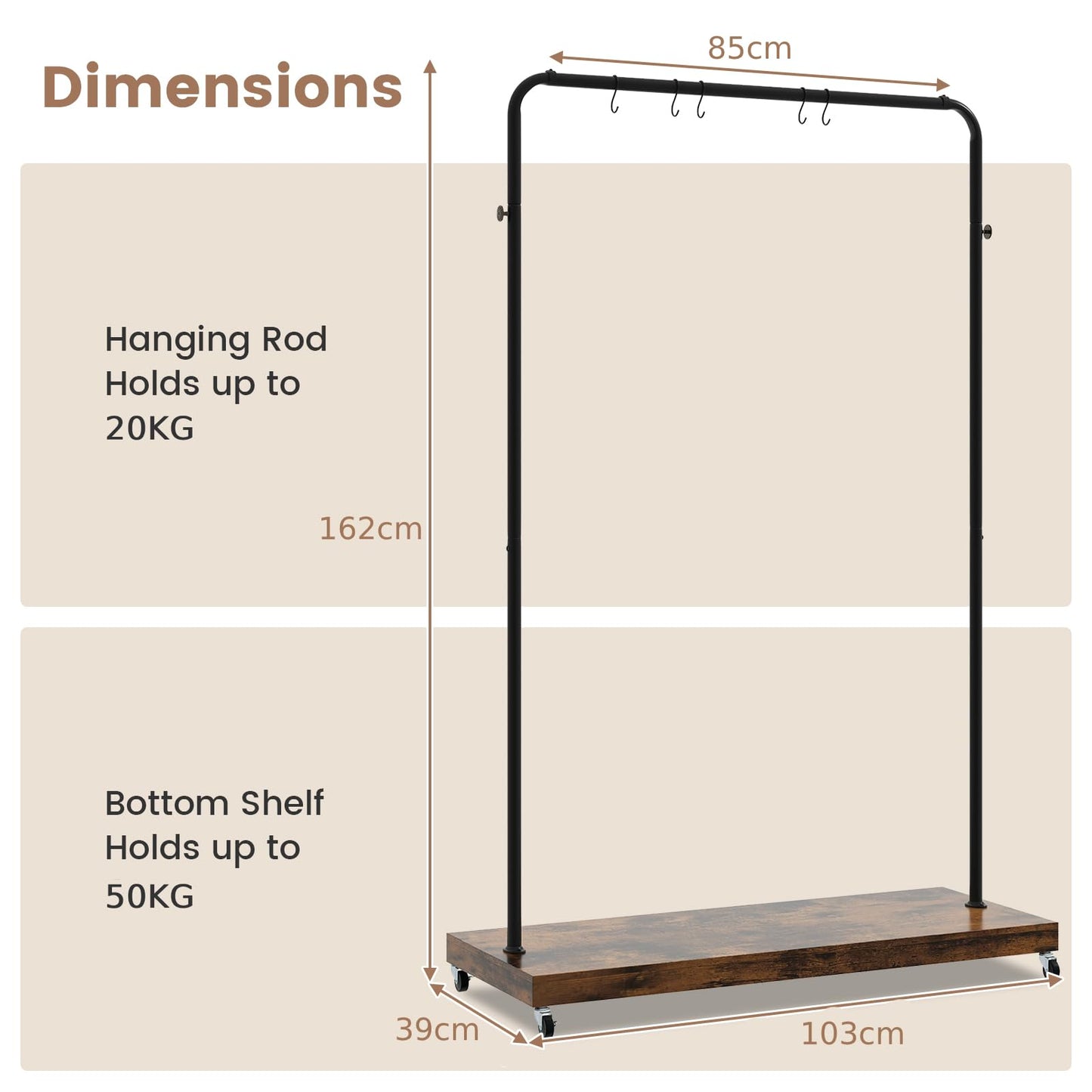 Industrial Clothes Rack Rolling Garment Rack with Bottom Storage Shelf