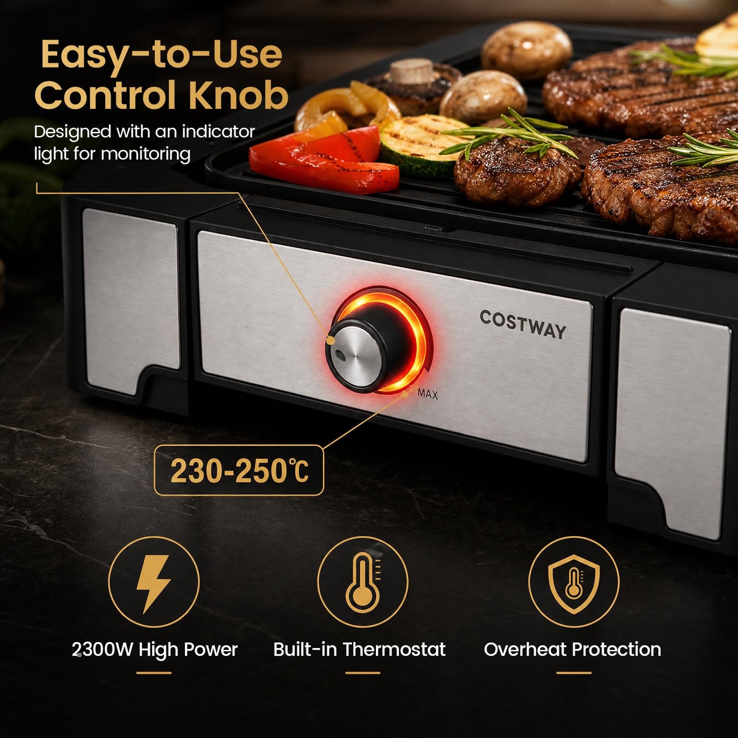 2-in-1 Electric Grill and Griddle, 2300W Non-Stick Table Grill