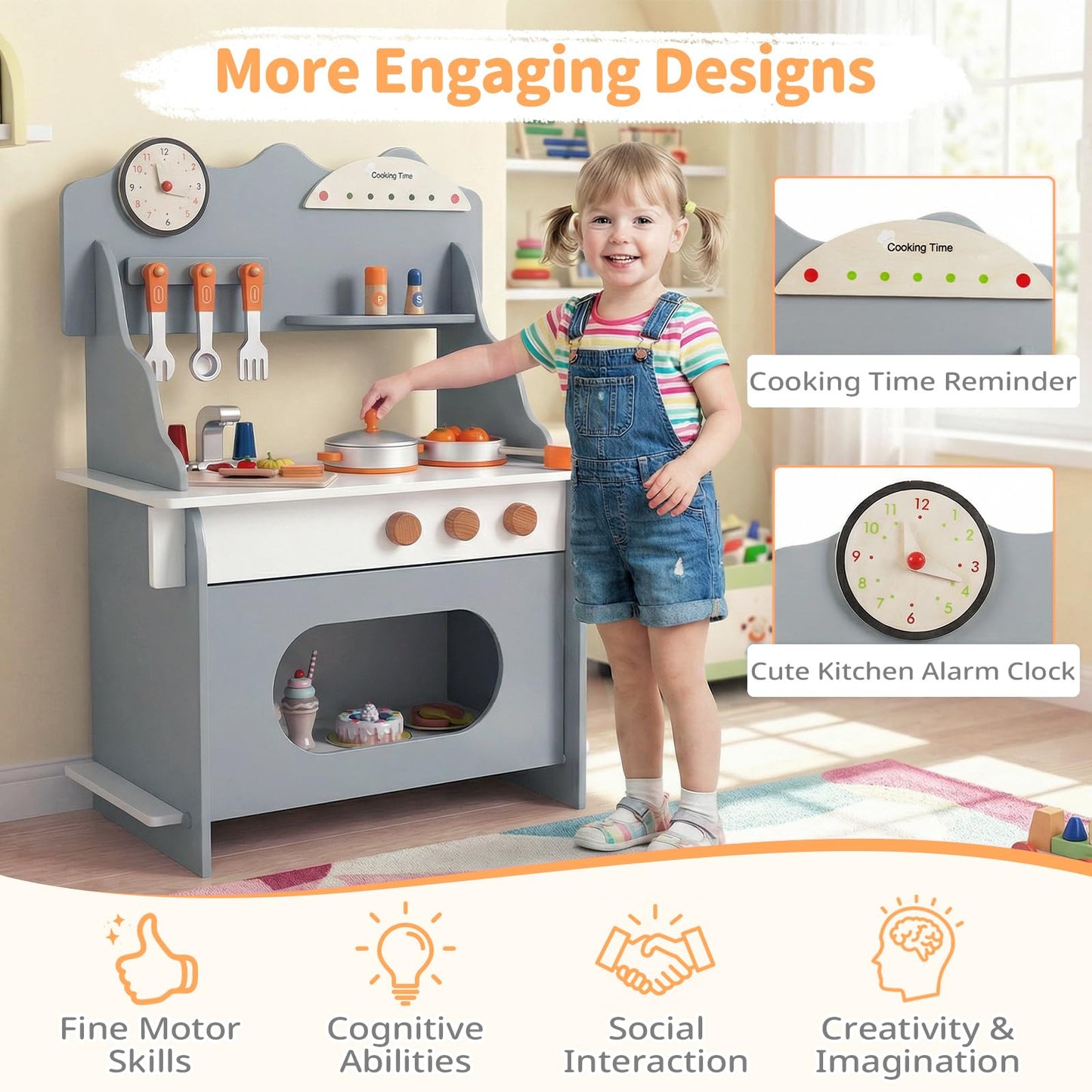 Pretend Play Toy Kitchen Set with Clock Stove Spice Rack for Aged 3+