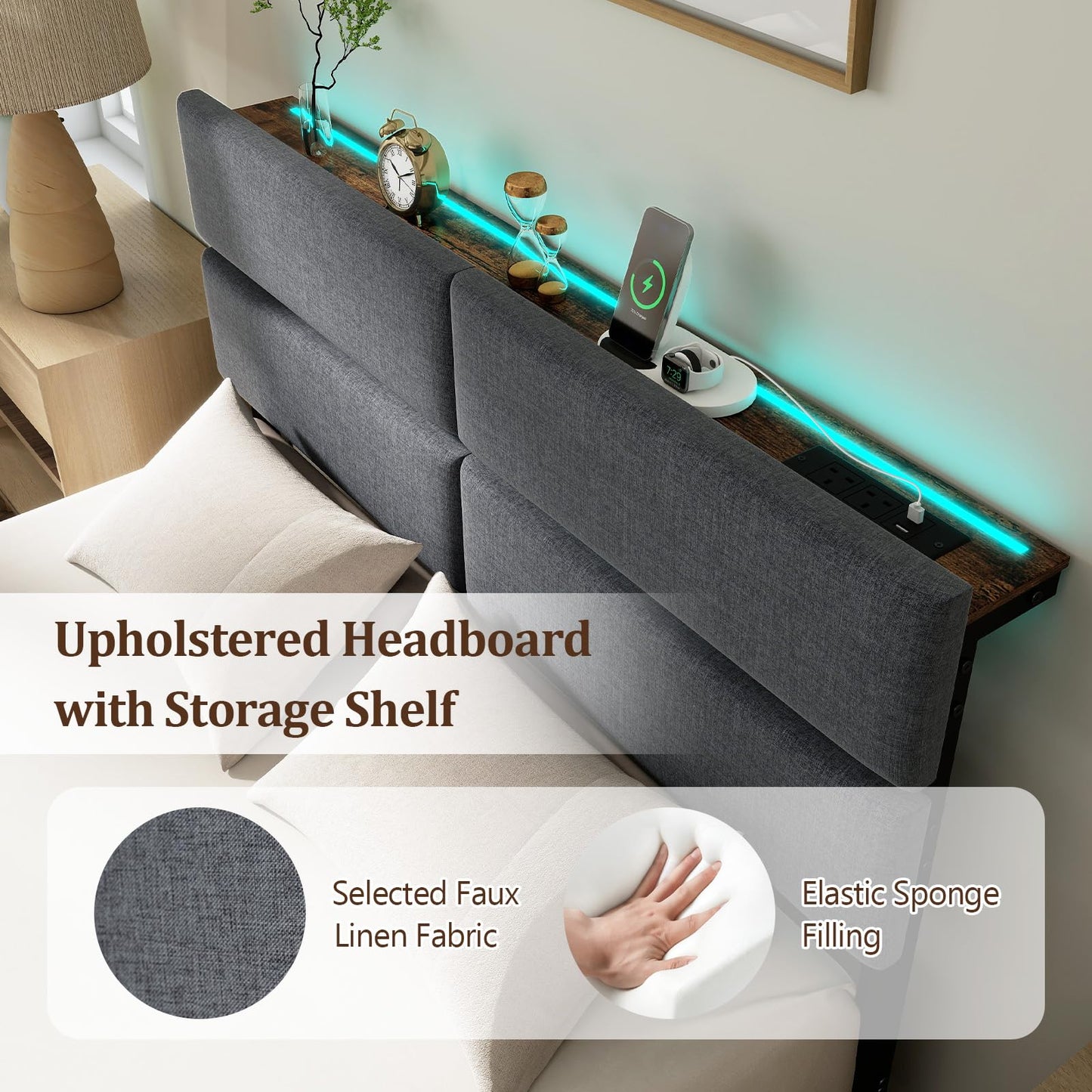 Double Bed Frame with LED Lights, Charging Station