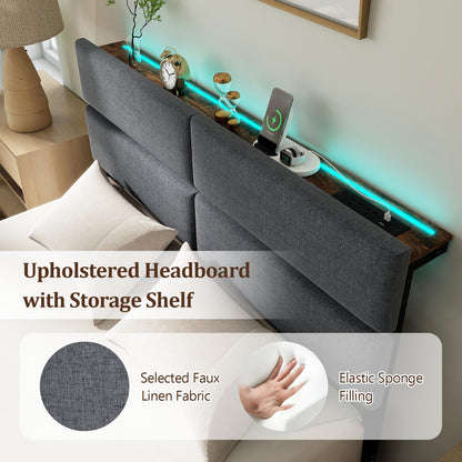 Double Bed Frame with LED Lights, Charging Station