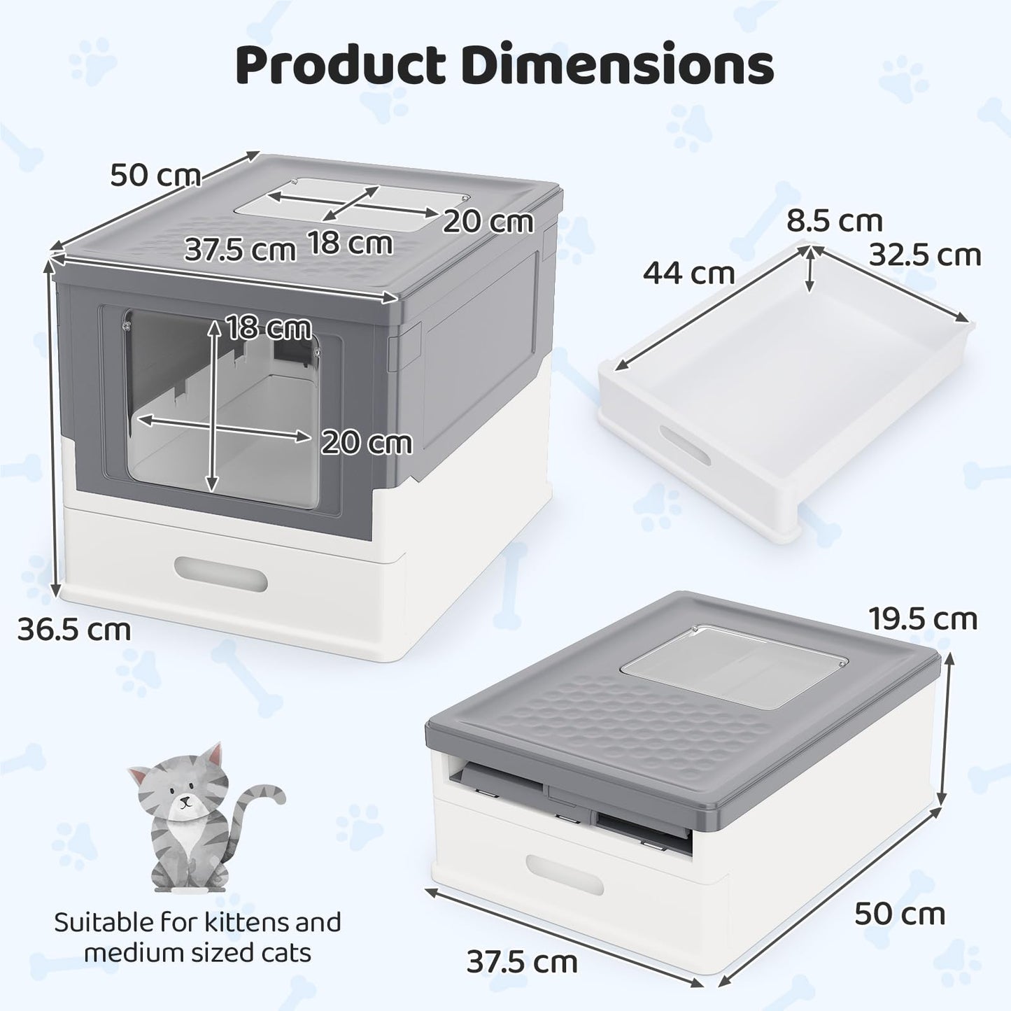 Cat Litter Box, Foldable Hooded Litter Tray with Lid, Flip Top Exit
