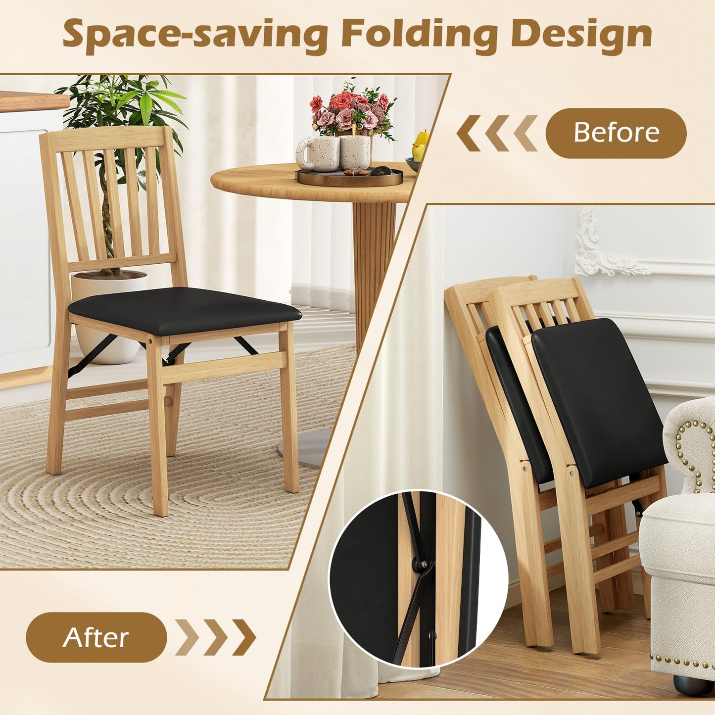 Folding Dining Chair Set of 2 with Rubber Wood Frame and Padded Seat