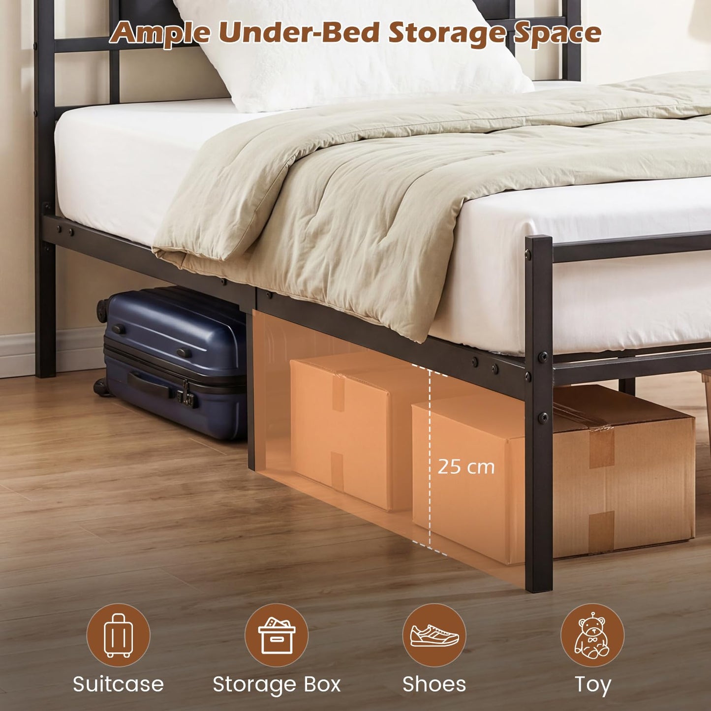 3ft Single Bed Frame, Metal Platform Bed Base with Upholstered Headboard and Underbed Storage