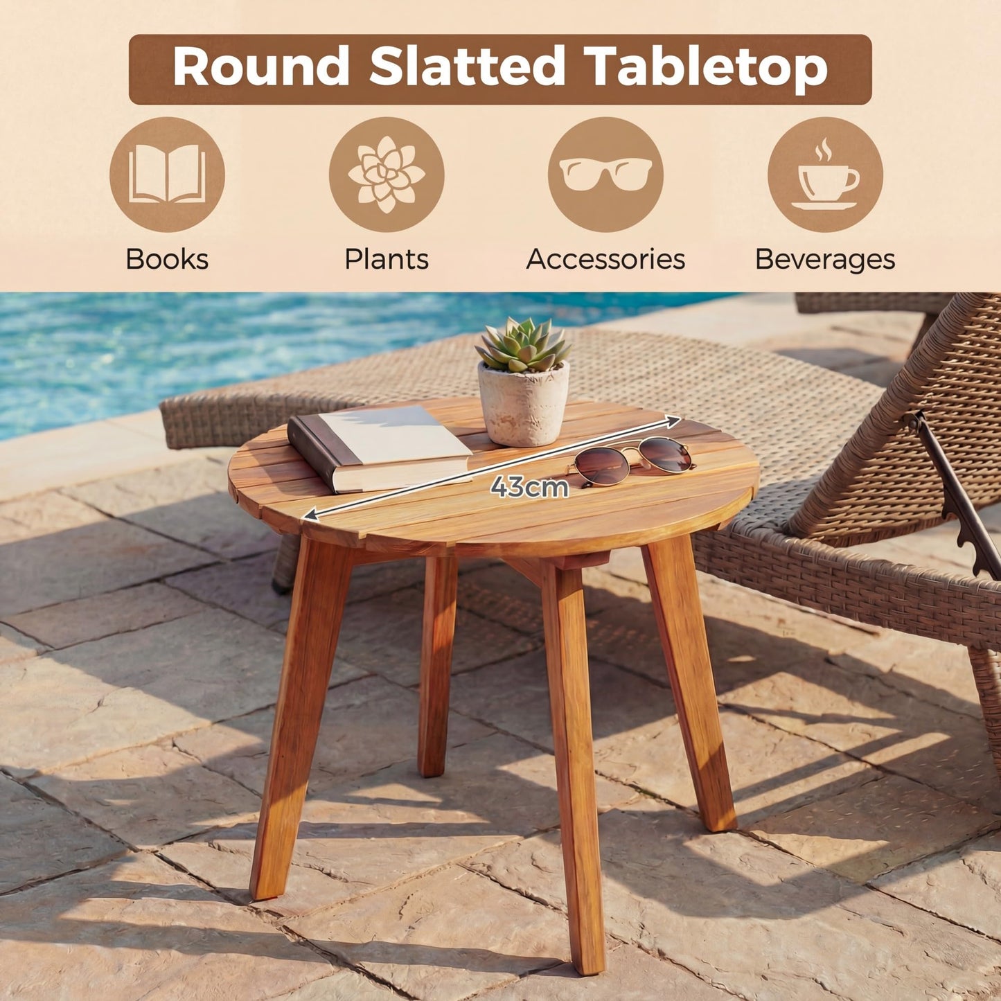 Garden Side Table, Acacia Wood Outdoor Slatted End Table