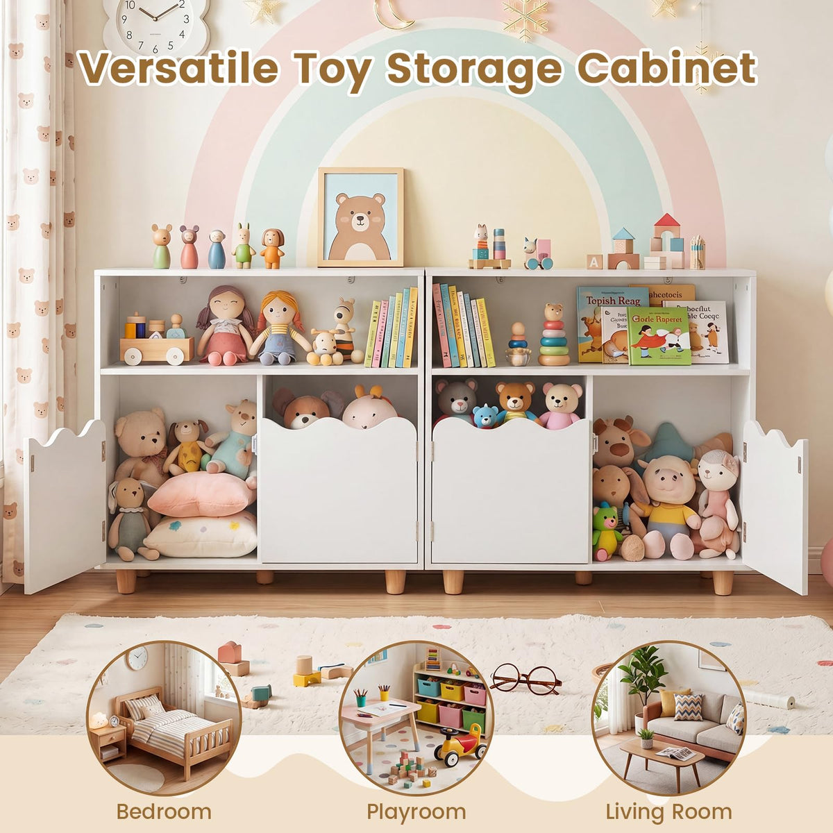 Wooden Bookshelf with 2 Anti-Toppling Devices and Top Surface Open Compartment