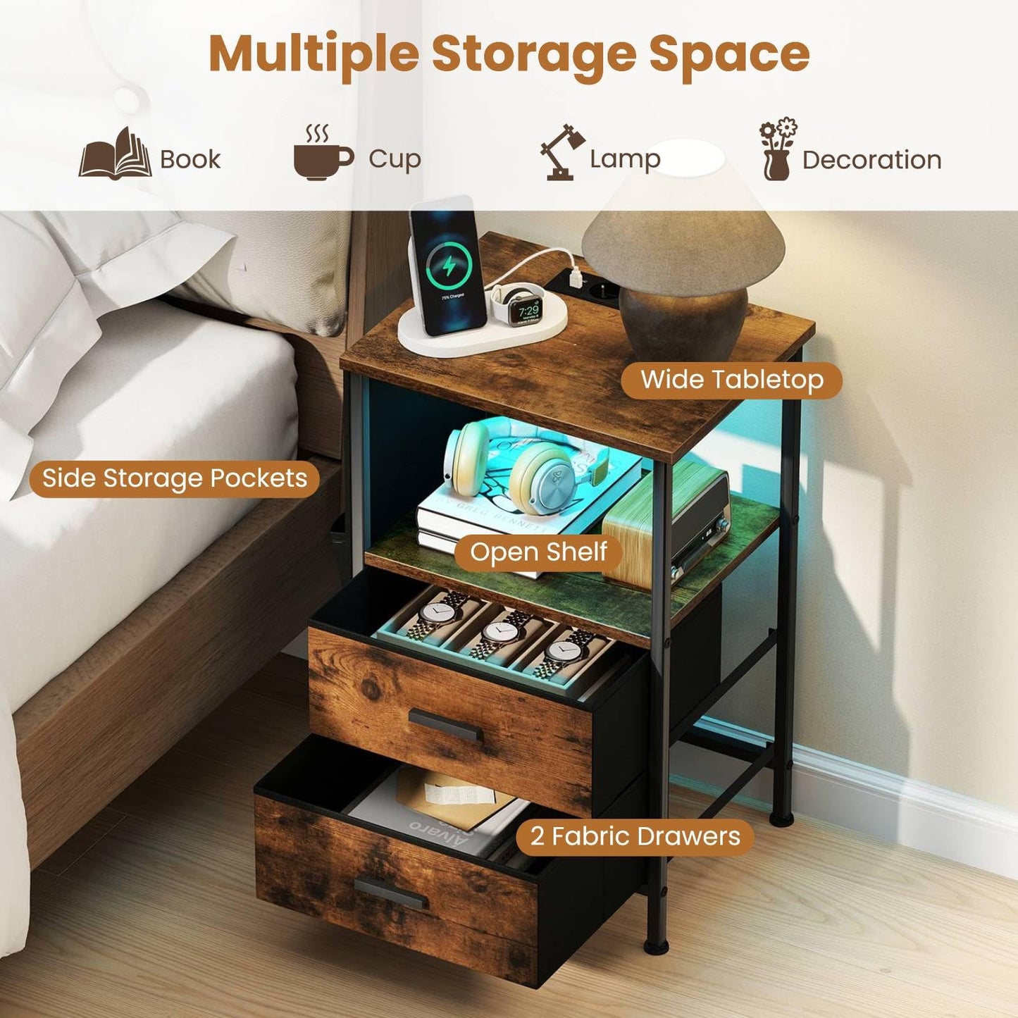 Set of 2 End Tables with Charging Station and 2 Folding Fabric Drawers