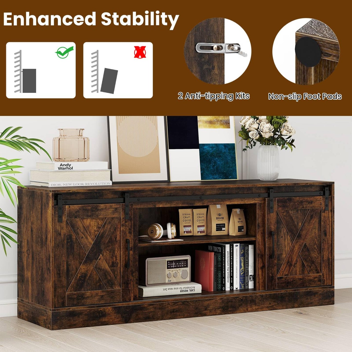 Entertainment Center with Sliding Barn Doors and Adjustable Shelves