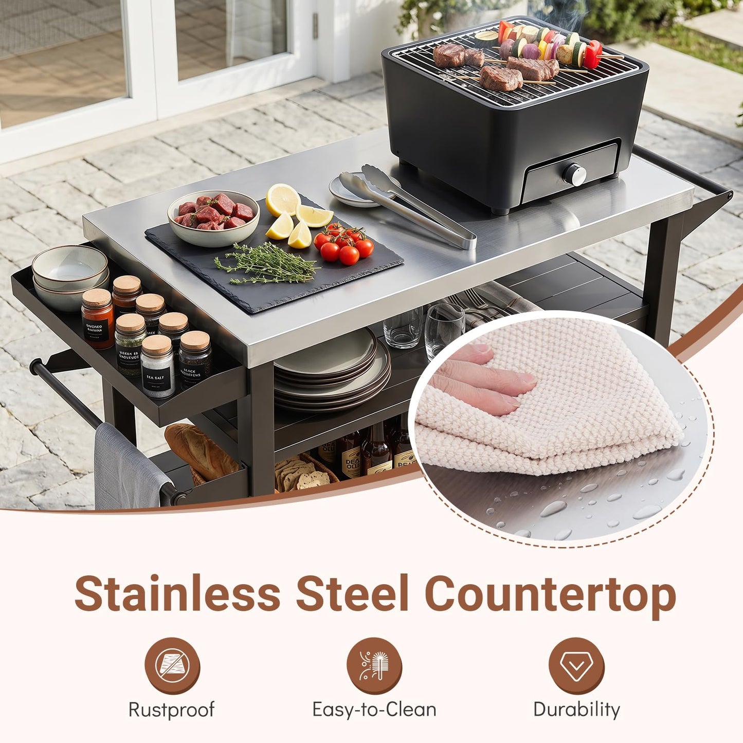 Outdoor Grill Cart Movable Prep Table with Storage Cabinet