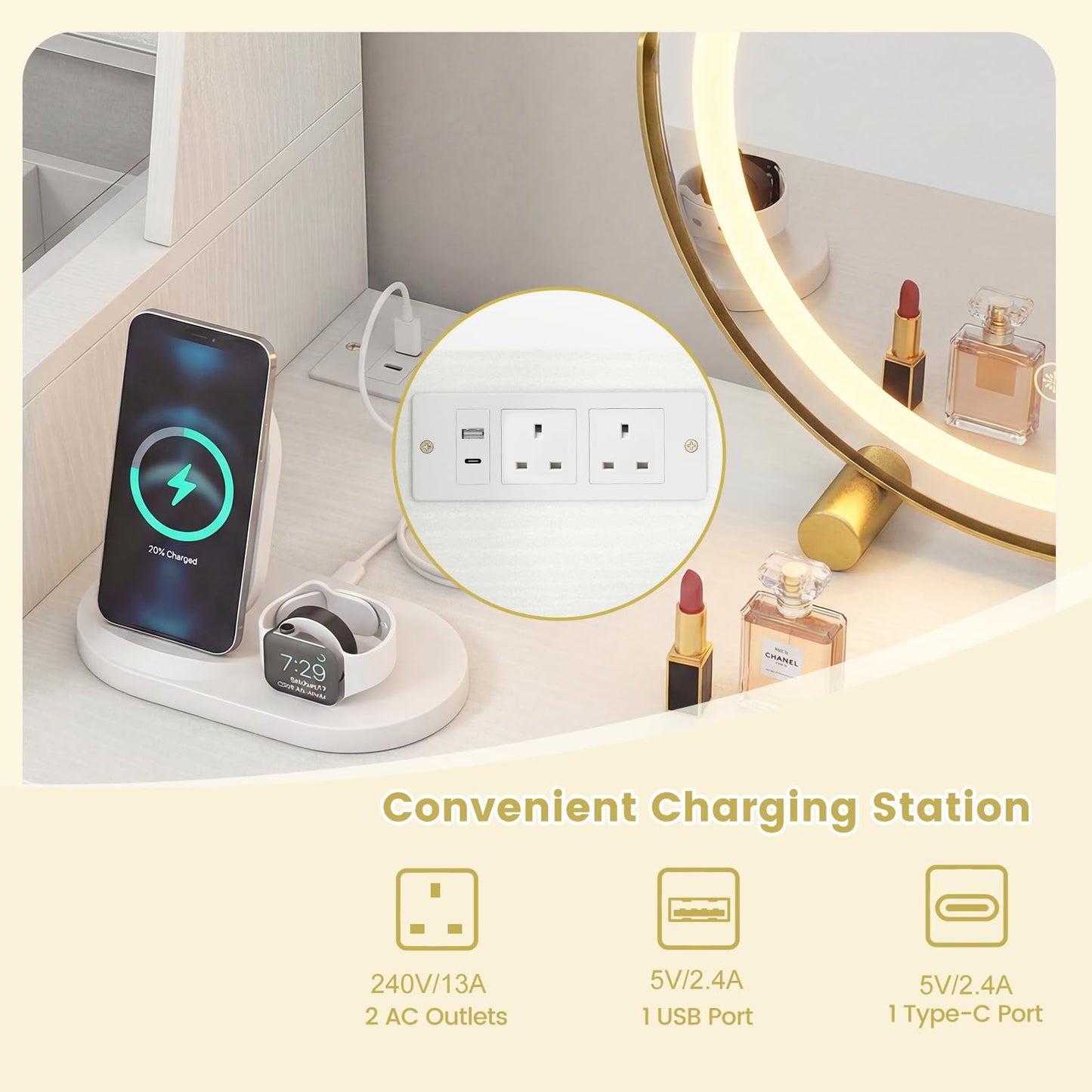 Dressing Table with 3-Color LED Lights Swivel Mirror and Stool