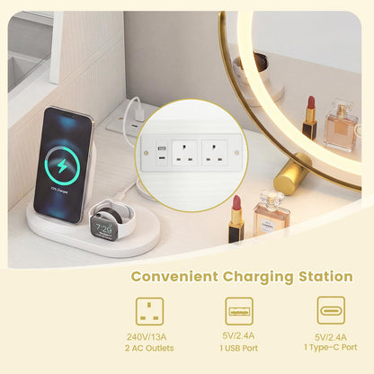 Dressing Table with 3-Color LED Lights Swivel Mirror and Stool