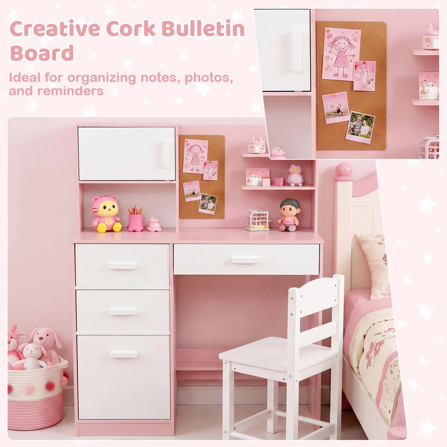 Kids Desk and Chair Set Study Table with Hutch Bulletin Board 3 Drawers