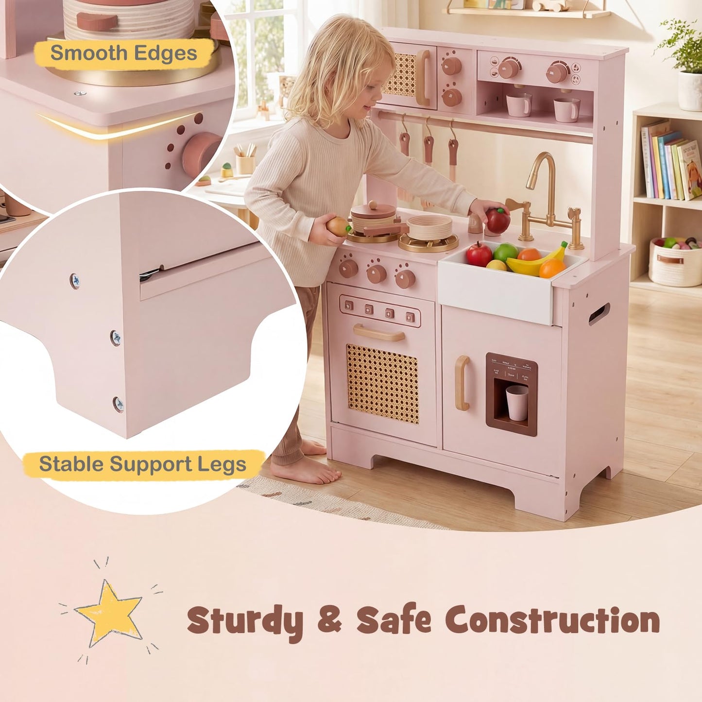 Kids Play Kitchen, Wooden Toy Kitchen with Stoves