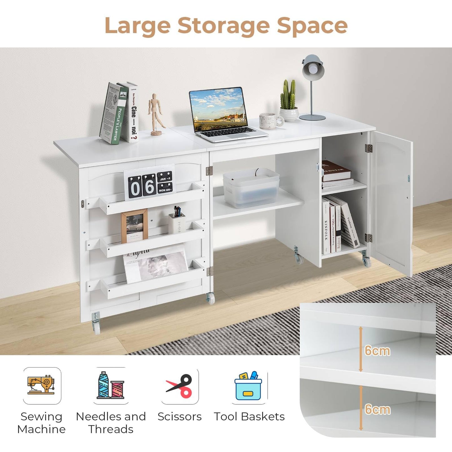 Rolling Folding Sewing Table with Storage Shelves