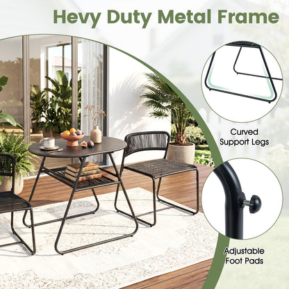 3 Piece Patio Bistro Set, Outdoor Dining Table with 2 Varied-Size Stackable Rattan Chairs & Shelf