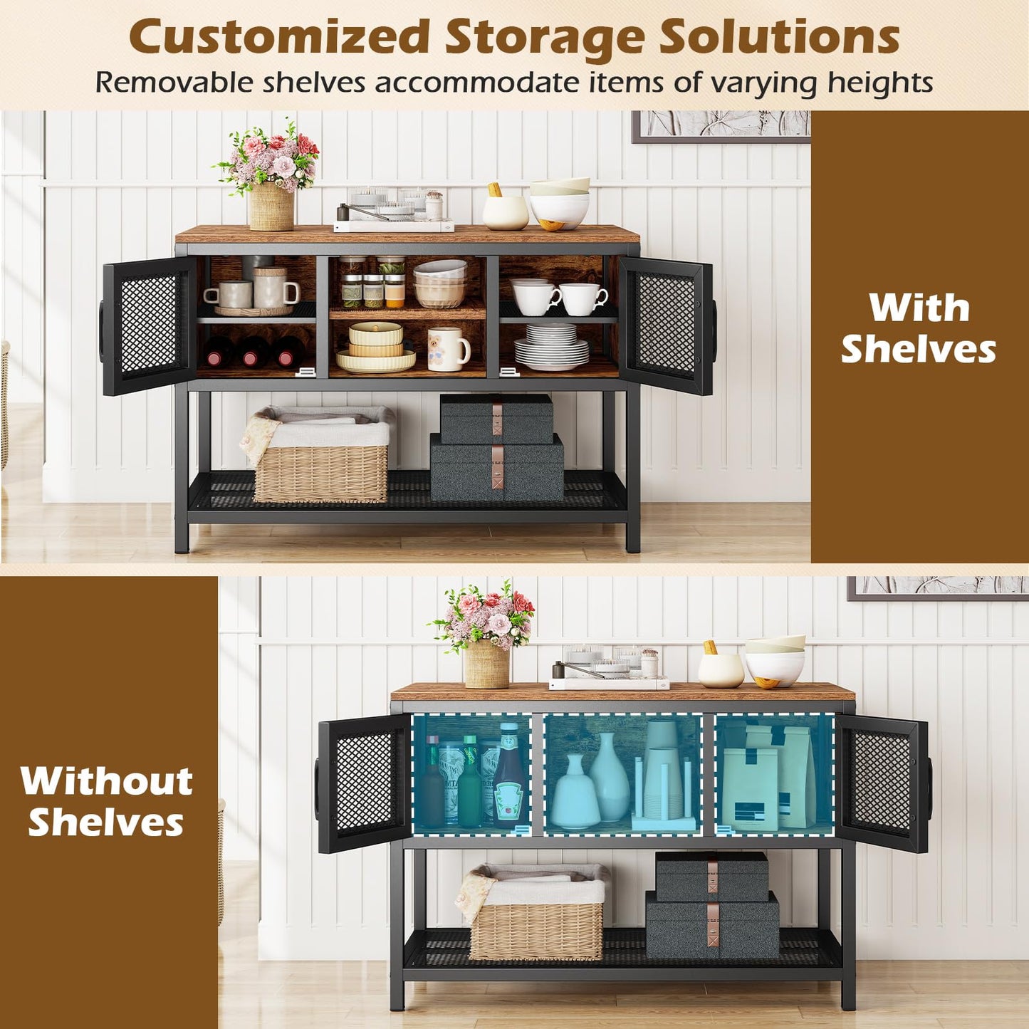 Kitchen Buffet Sideboard, Wooden Storage Cabinet with 2 Metal Mesh Doors