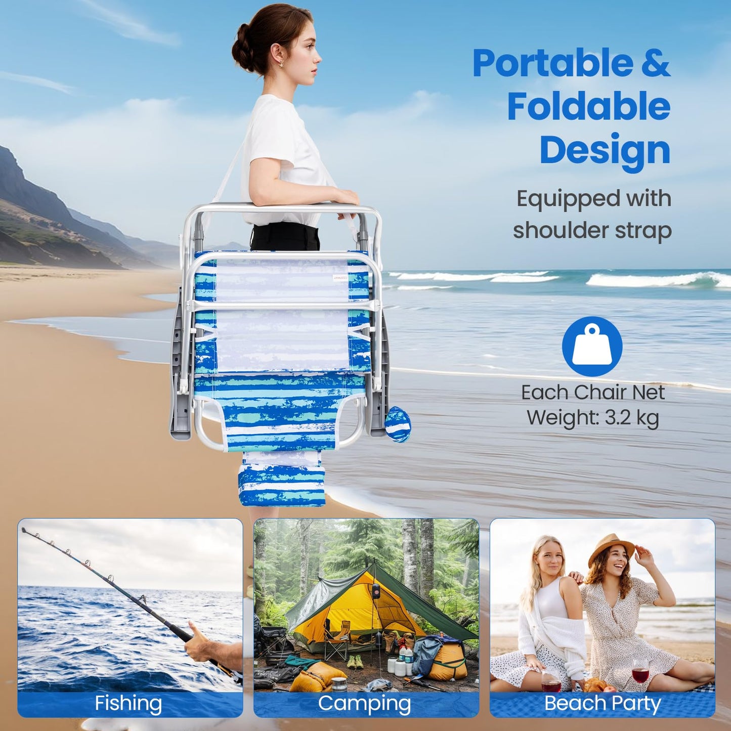 2 Pack Folding Beach Chair Lightweight Lay Flat Lounge Chair