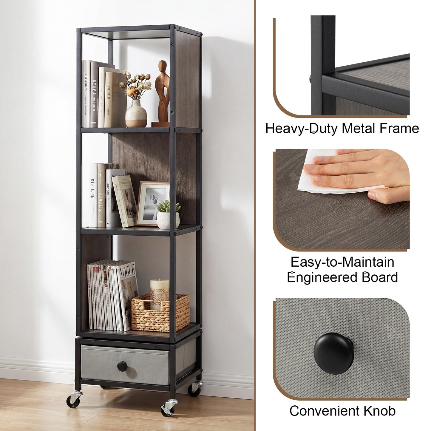4-Tier Rotating Bookshelf, 360° Spinning Bookcase Tower with Wheels and Removable Fabric Storage Drawer