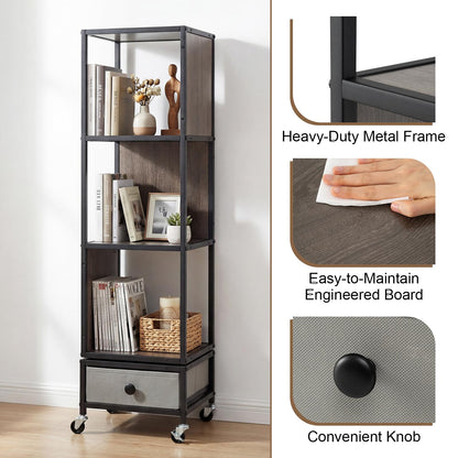 4-Tier Rotating Bookshelf, 360° Spinning Bookcase Tower with Wheels and Removable Fabric Storage Drawer