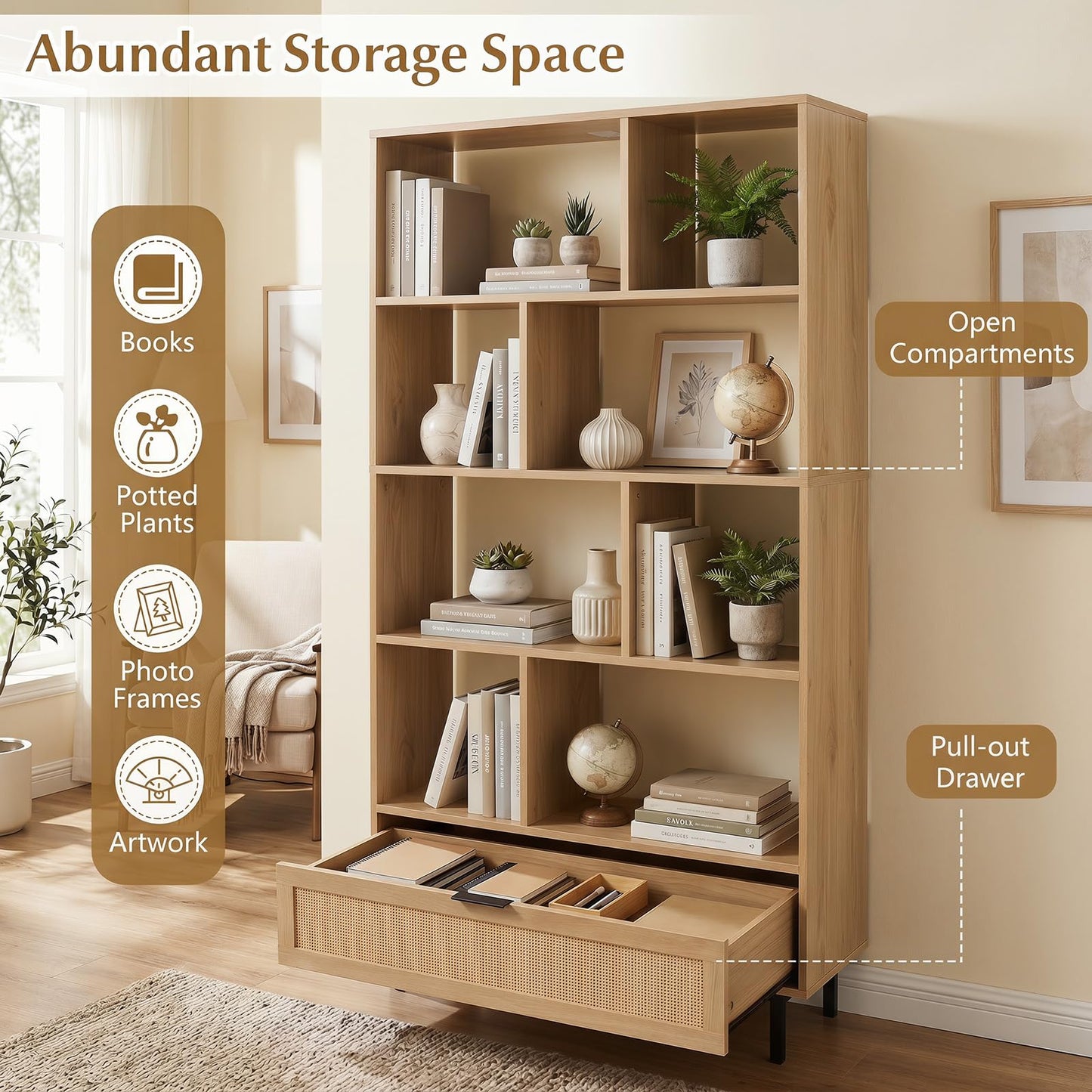 162 cm Tall Wooden Bookcase, 6-Tier Geometric Bookshelf with Drawer