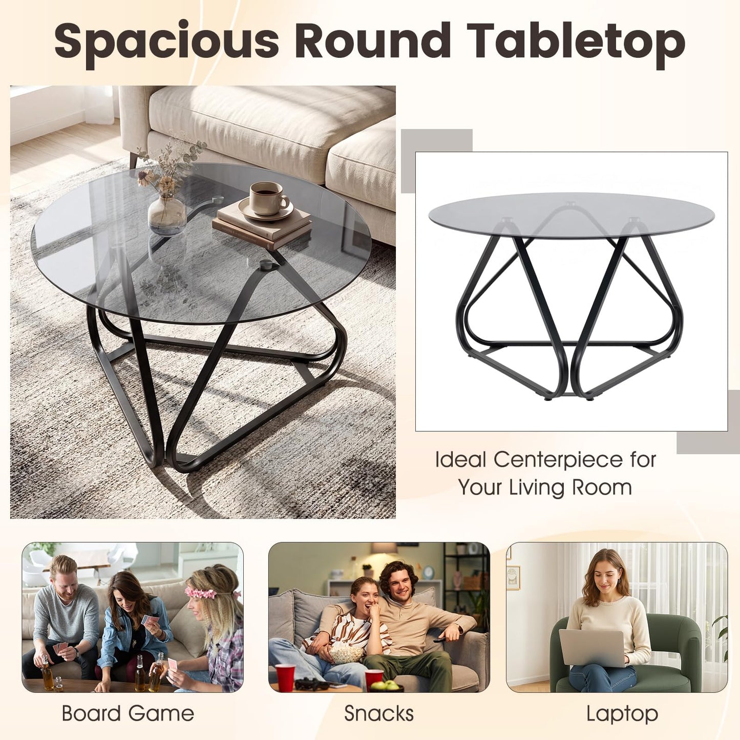 Round Tempered Glass Coffee Table with Triangle Metal Frame for Living Room