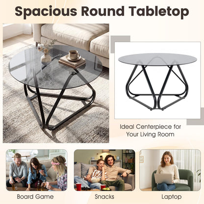 Round Tempered Glass Coffee Table with Triangle Metal Frame for Living Room