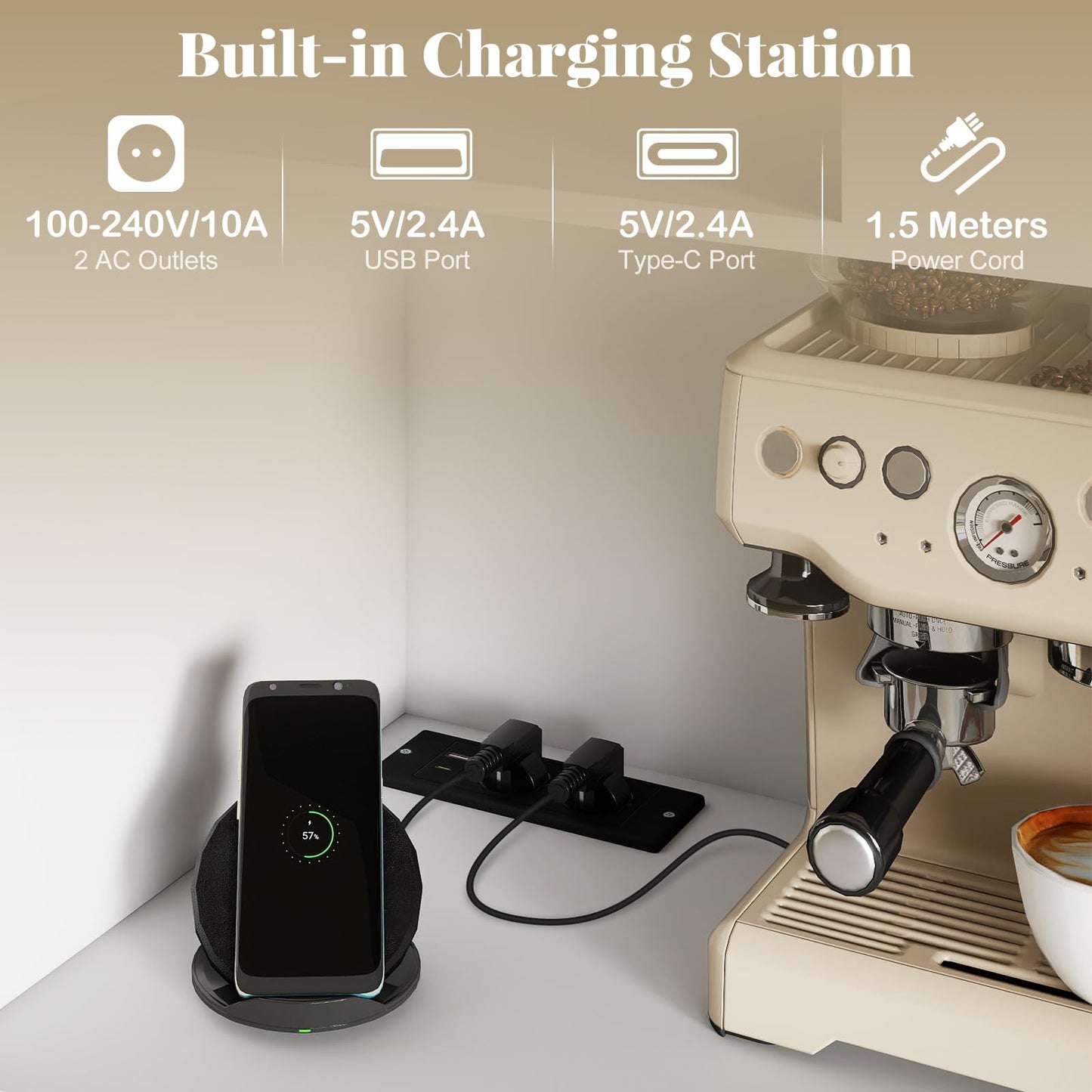 Kitchen Pantry Cabinet with Power Outlet Tall Coffee Bar Cabinet with Doors Drawers and Adjustable Shelf