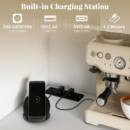 Kitchen Pantry Cabinet with Power Outlet Tall Coffee Bar Cabinet with Doors Drawers and Adjustable Shelf