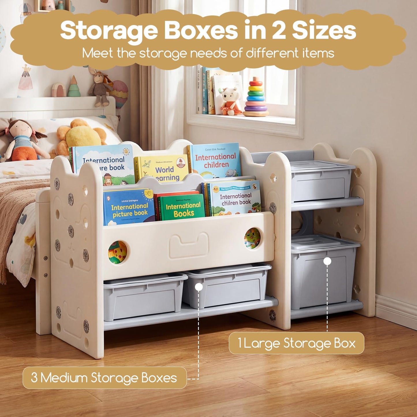 Toy Storage Unit, Kids Bookshelf with Removable Boxes and Storage Shelves