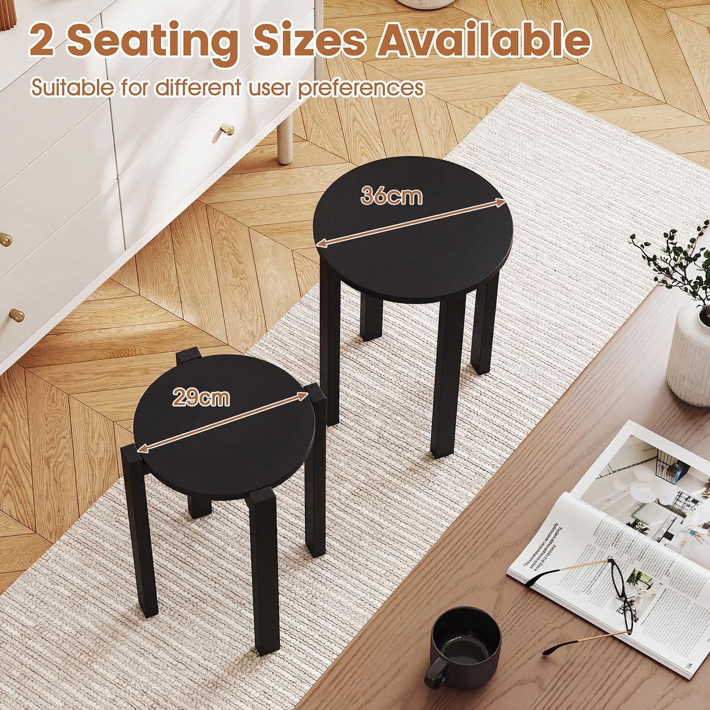 Stackable Stools Set of 4 with Rolling Base Solid Rubber Wood Nesting Stools
