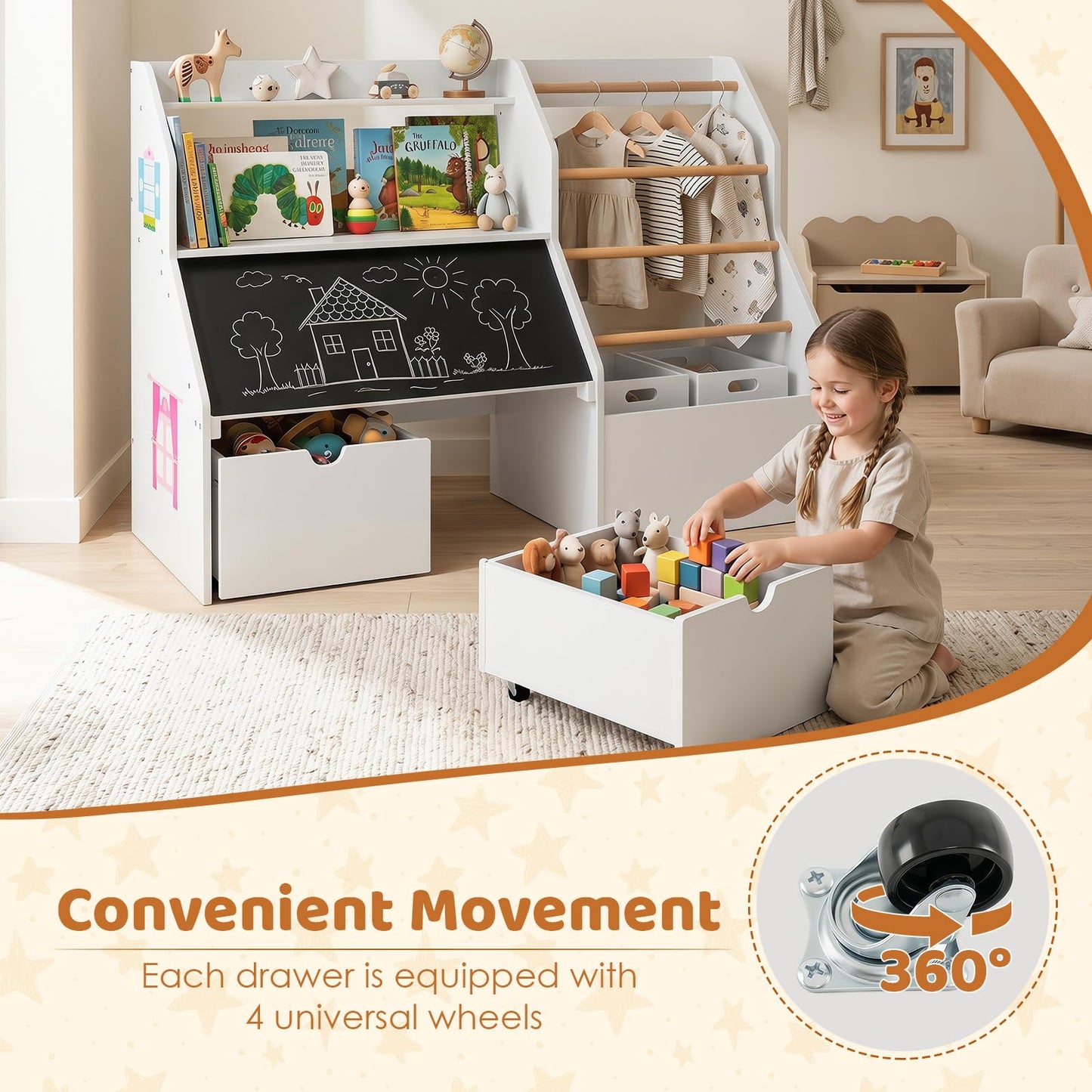 Toy Storage Organizer with Flip-up Blackboard and Movable Drawers for Playroom