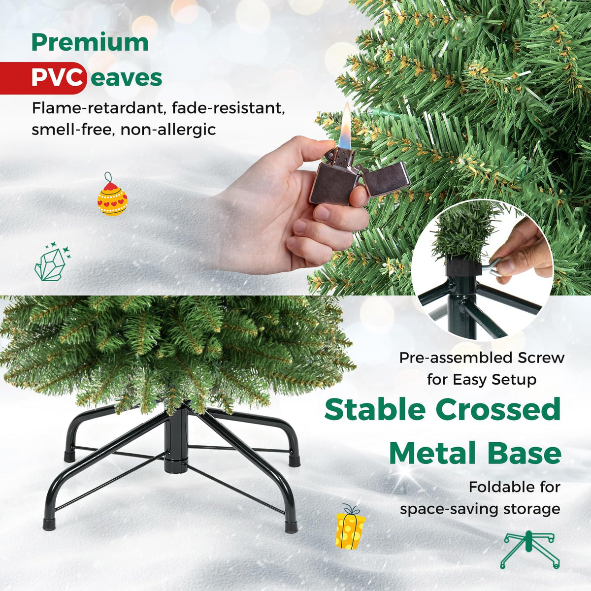 7FT Pre-Lit Artificial Christmas Tree, Slim Pencil Xmas Tree