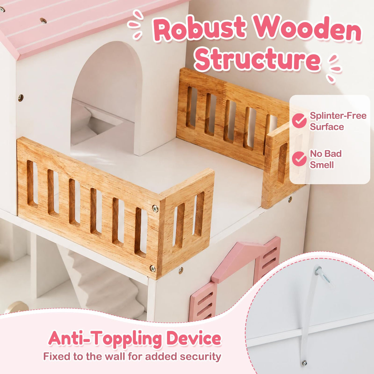 3-Story Wooden Dollhouse Playset with 5 Rooms and Furniture Accessories