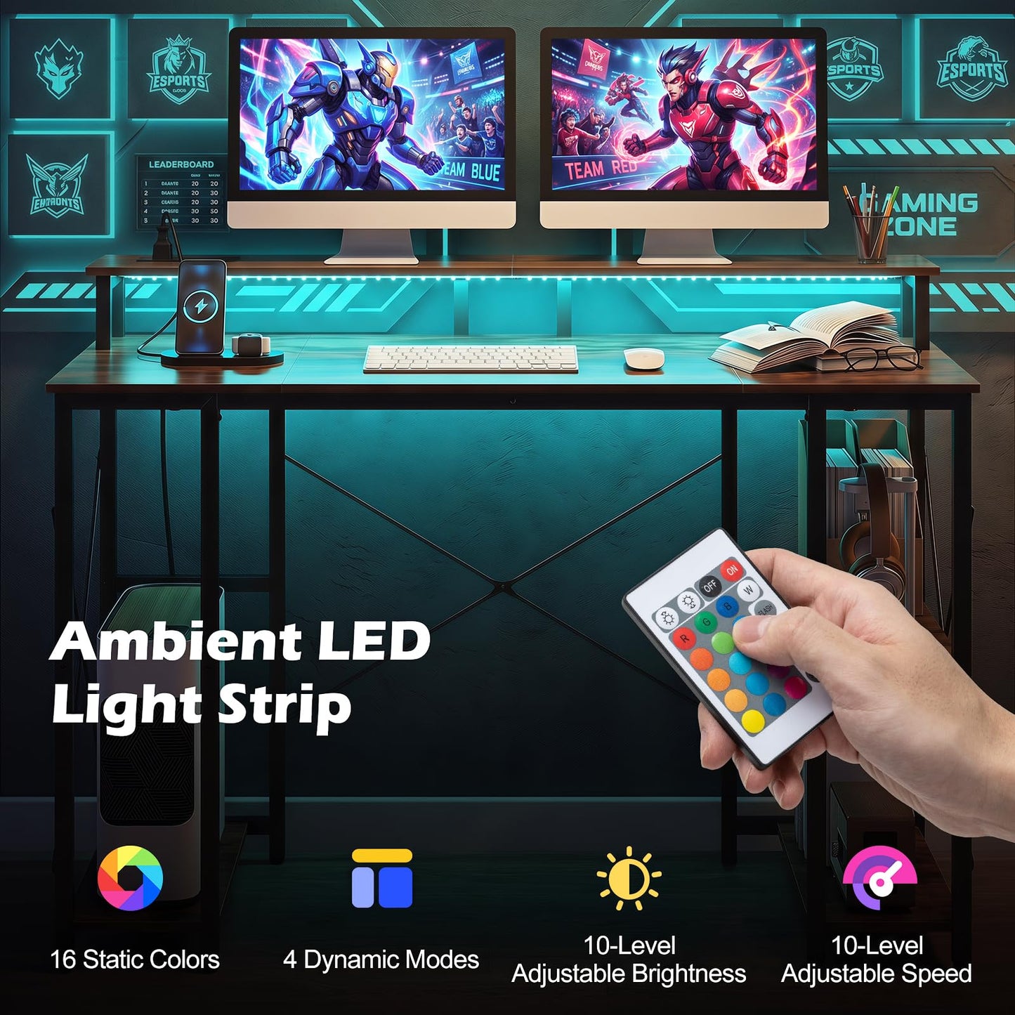 120 cm Computer Desk with Charging Station LED Lights and Storage Shelves