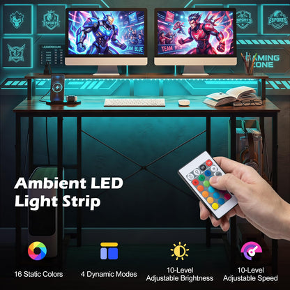 120 cm Computer Desk with Charging Station LED Lights and Storage Shelves