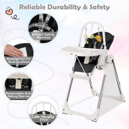 Foldable Reclining Infants High Chair with Removable Double Trays